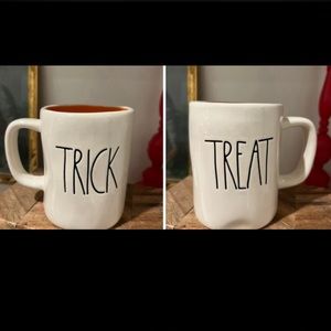 Magenta White Orange TREAT ~ TRICK Two Sided Coffee Mug Engraved Ceramic 12oz
